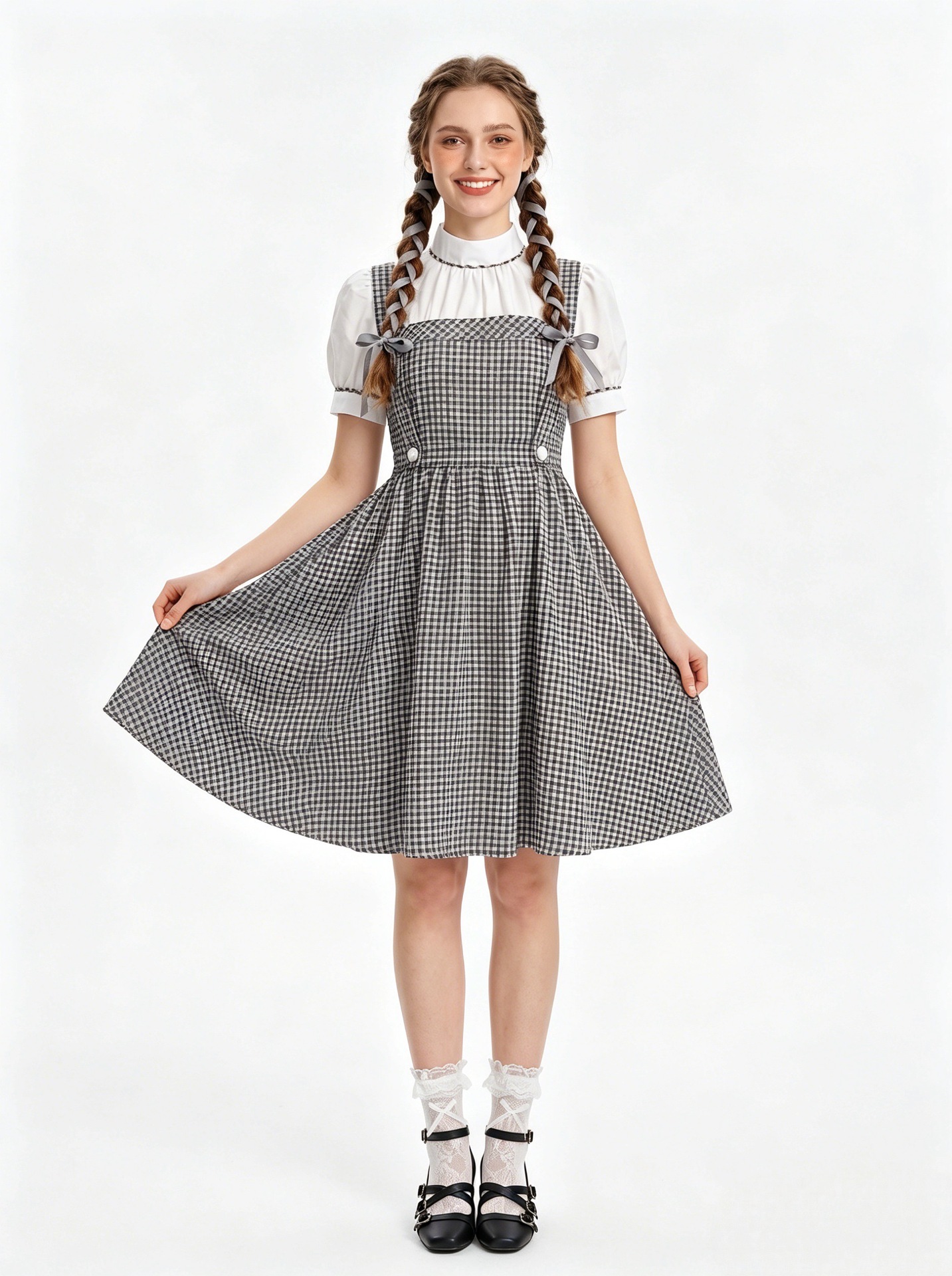 Vintage Gingham Farm Girl Pinafore Dress Halloween Student Cosplay Outfit